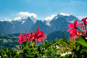 Ausblick mit Bergpanorama vom Balkon der Ferienwohnung Nr. 1 - Jennerblick - im Gästehaus Frauendorf 